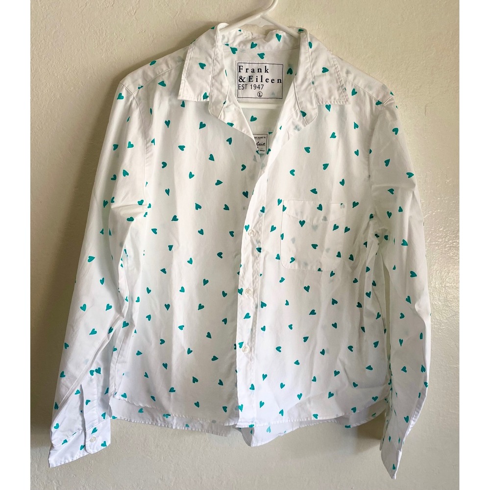 Frank & Eileen 'Silvio' Button-Up Shirt Heart Print Untuckable Long Sleeve L NWT